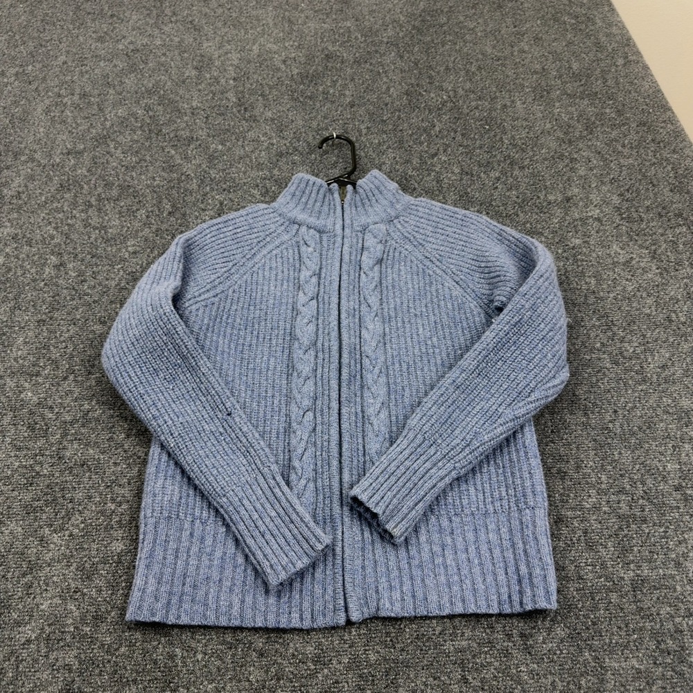 LL Bean Sweater Womens M Blue Lambs Wool Full Zip Cable Knit Mock Neck Classic